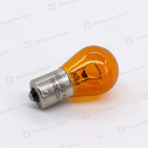Лампочка в габарит на 1 контакт большая оранжевая ЕВРО, 24V/PY21W, HELLA (бобышки - симметрично)