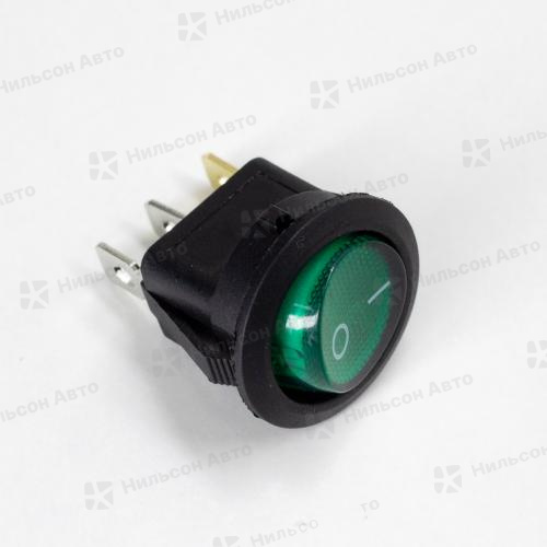 Кнопка OFF-(ON), 12V, круглая с подсветкой, зеленая, 3 контакта, ALMEGA